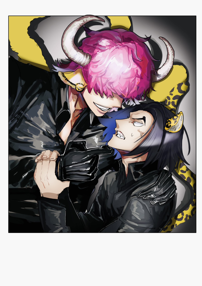 2boys aged_down anger_vein angry animal_ears black_hair clenched_teeth earrings formal hair_over_eyes highres horns jaguar_boy jewelry long_hair male_focus multiple_boys necktie one_piece pink_hair rob_lucci smile suit tail teeth toteka_yes v-shaped_eyebrows who's_who_(one_piece)