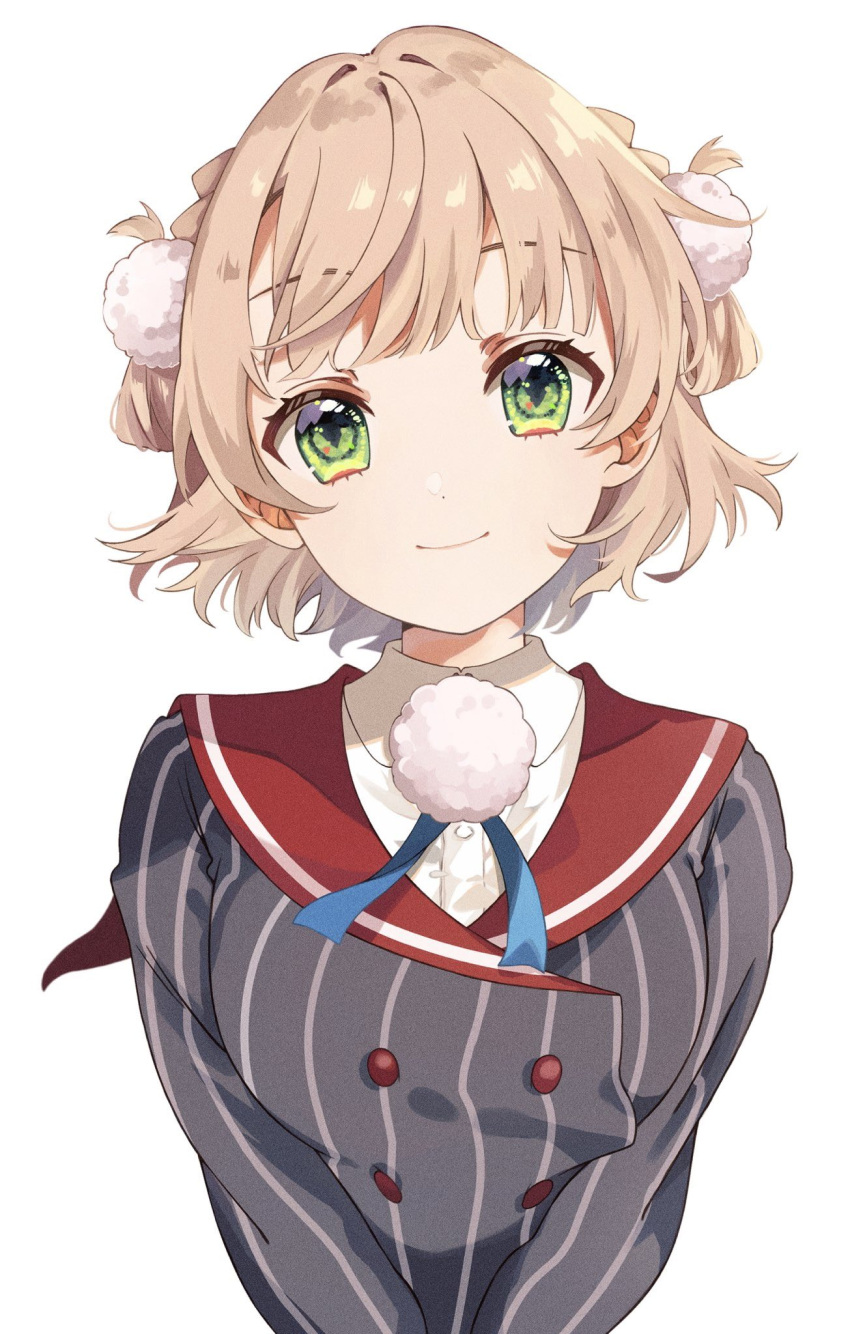 1girl blonde_hair blue_ribbon braid breasts buttons closed_mouth collared_jacket double-breasted dress_shirt eyelashes french_braid green_eyes grey_jacket hair_ornament hair_rings highres indie_virtual_youtuber jacket looking_at_viewer neck_ribbon nobori_yuzu pinstripe_jacket pinstripe_pattern pom_pom_(clothes) pom_pom_hair_ornament red_sailor_collar ribbon sailor_collar shigure_ui_(1st_costume)_(vtuber) shigure_ui_(vtuber) shirt side_braid simple_background smile solo straight-on striped upper_body v_arms virtual_youtuber white_background white_shirt