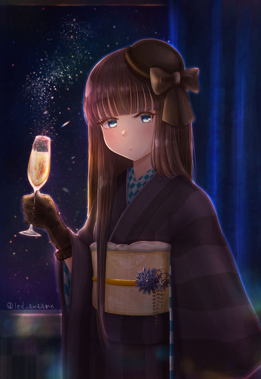 1girl alcohol blue_eyes blush bow brown_hair champagne champagne_flute cup curtains drinking_glass expressionless gloves hair_over_shoulder hat hat_bow highres holding holding_cup japanese_clothes kimono lace lace_gloves led_awaame long_hair long_sleeves looking_at_viewer night night_sky oni original sky star_(sky) starry_sky striped striped_kimono very_long_hair wide_sleeves window