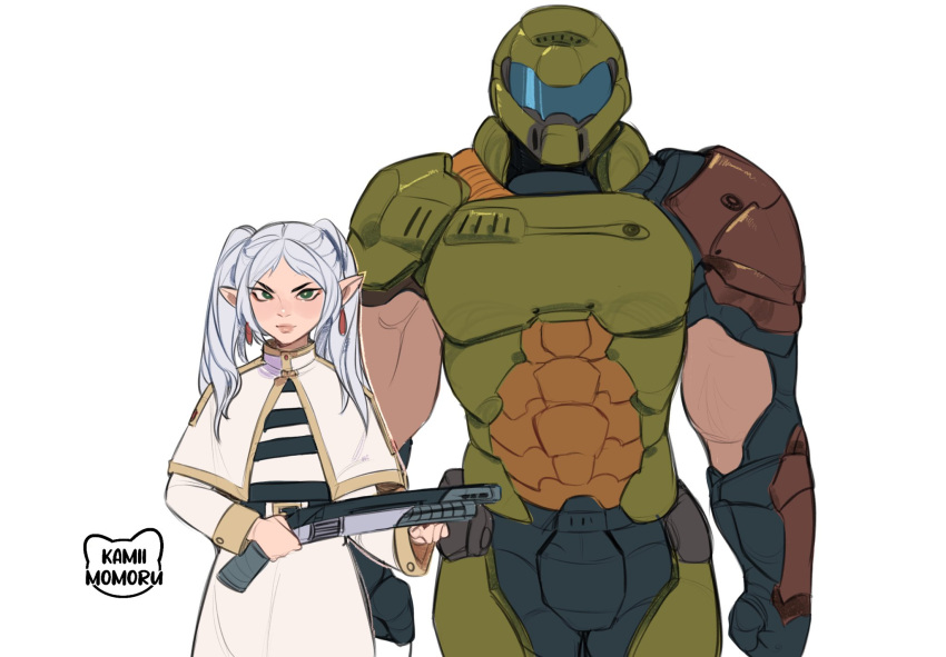1boy 1girl armor clenched_hands doom_(series) doomguy earrings elf faceless faceless_male frieren green_eyes gun height_difference helmet highres jewelry kamii_momoru long_hair looking_at_viewer pointy_ears shotgun signature simple_background size_difference sousou_no_frieren twintails weapon white_background white_hair