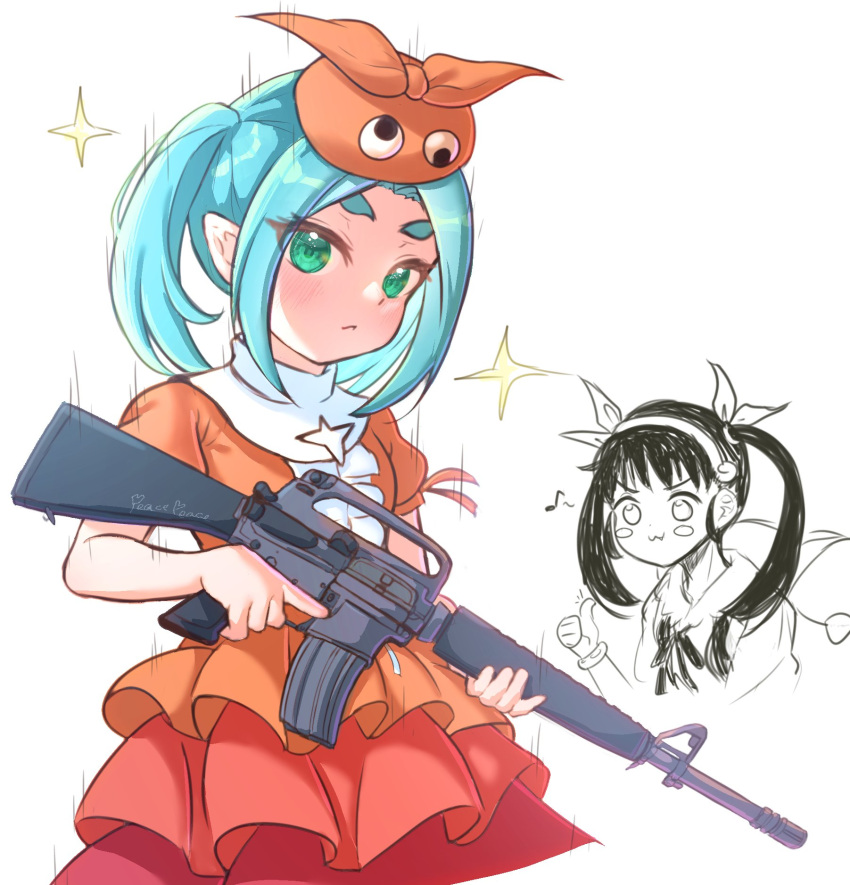2girls aqua_hair ar-15 assault_rifle closed_mouth commentary cowboy_shot cropped_torso dress googly_eyes green_eyes gun hachikuji_mayoi hair_ribbon hairband highres holding holding_gun holding_weapon long_hair looking_at_viewer m16 medium_hair monogatari_(series) multicolored_clothes multicolored_dress multiple_girls neck_ribbon ononoki_yotsugi orange_dress orange_headwear otaichiichi pointy_ears puffy_short_sleeves puffy_sleeves red_dress ribbon rifle school_uniform short_eyebrows short_sleeves sidelocks simple_background sparkle thick_eyebrows thumbs_up trigger_discipline twintails weapon white_background