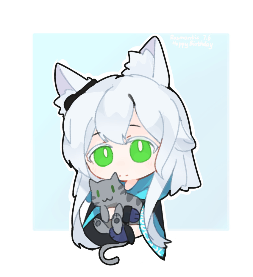 1girl :3 animal animal_ear_fluff animal_ears arknights black_cape blue_gloves bright_pupils cape cat cat_ears cat_girl clothes_writing earpiece gloves green_eyes grey_hair highres holding holding_animal holding_cat long_hair looking_at_viewer rosmontis_(arknights) simple_background smile solo split_mouth user_dnhk8575 white_pupils