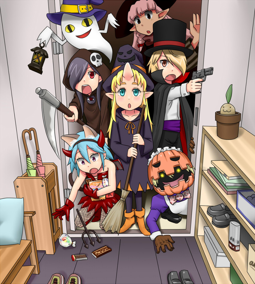 &lt;|&gt;_&lt;|&gt; 6+girls :3 :d :o animal_ears aqua_eyes backbeako backbeard bare_shoulders black_cape black_footwear black_hair black_headwear black_pants blonde_hair blue_hair book bow bowtie box braid breasts broom brown_eyes brown_gloves brown_robe candy cape cat_ears cat_tail character_request check_gender chibi_yami child chocolate chocolate_bar collarbone cosplay death_(entity) doorway dress fake_horns fang finger_on_trigger fishnet_pantyhose fishnets food futaba_channel gegege_no_kitarou ghost gloves glowing glowing_eyes grim_reaper grim_reaper_(cosplay) gun hair_between_eyes hair_over_one_eye halloween halloween_costume handgun hat highres himewe holding holding_broom holding_gun holding_lantern holding_scythe holding_weapon hooded_robe horn_hairband horns indoors jack-o'-lantern kirin_(nijiura_maids) kneeling lantern long_hair long_sleeves looking_at_viewer maid_headdress multiple_girls nijiura_maids open_door open_mouth orange_footwear original pants pantyhose pink_bow pink_bowtie pink_hair pitchfork plant pointing_gun pointy_ears potted_plant puffy_long_sleeves puffy_sleeves purple_dress purple_headwear purple_robe red_cape red_dress red_eyes red_footwear red_horns red_wings robe scythe shelf shirt shoes short_hair single_horn skin-covered_horns skull slit_pupils small_breasts smile standing tail teeth top_hat transparent_bag trick_or_treat two-sided_cape two-sided_fabric umbrella umbrella_stand unworn_shoes upper_teeth_only violet_eyes weapon white_shirt wings witch_hat yellow_eyes