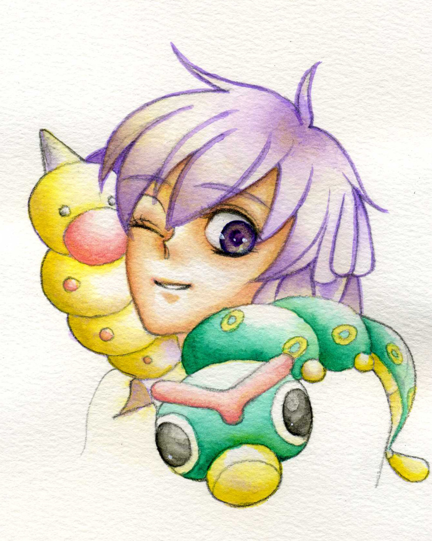1boy bugsy_(pokemon) caterpie commentary_request eyelashes highres one_eye_closed partial_commentary pokemon pokemon_(creature) pokemon_gsc pokemon_hgss purple_hair smile traditional_media violet_eyes weedle