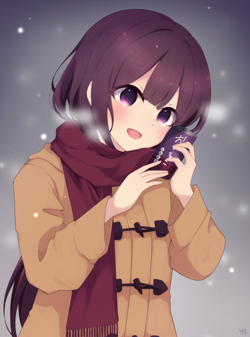 1girl blush breath can can_to_cheek coat duffel_coat highres holding holding_can long_hair long_sleeves looking_at_viewer open_mouth original purple_hair rageno0000 scarf shiruko_(food) smile snowing solo upper_body very_long_hair violet_eyes