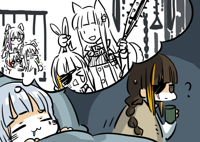 &gt;_o 5girls :3 :d =_= animal_ears anti-rain_(girls'_frontline) black_eyes blanket blonde_hair blunt_bangs braid brown_hair chain chibi chinese_commentary closed_eyes closed_mouth club_hair_ornament commentary_request cup dreaming drooling eyepatch girls_frontline grabbing_another's_ear green_hair grey_hair hand_on_another's_ear highres hk416_(girls'_frontline) holding holding_cup holding_weapon iron_bars jacket jitome kemonomimi_mode long_hair long_sleeves looking_back m16a1_(girls'_frontline) m4_sopmod_ii_(girls'_frontline) m4a1_(girls'_frontline) mug multicolored_hair multiple_girls o_o one_eye_closed open_mouth partially_colored pillow purple_hair rabbit_ears rabbit_tail redhead scar scar_across_eye scared single_braid sleeping smile spiked_bat square_mouth st_ar-15_(girls'_frontline) streaked_hair su_xiao_jei sweatdrop tail teardrop_facial_mark tears thought_bubble trembling under_covers very_long_hair weapon wolf_ears wolf_tail |_|