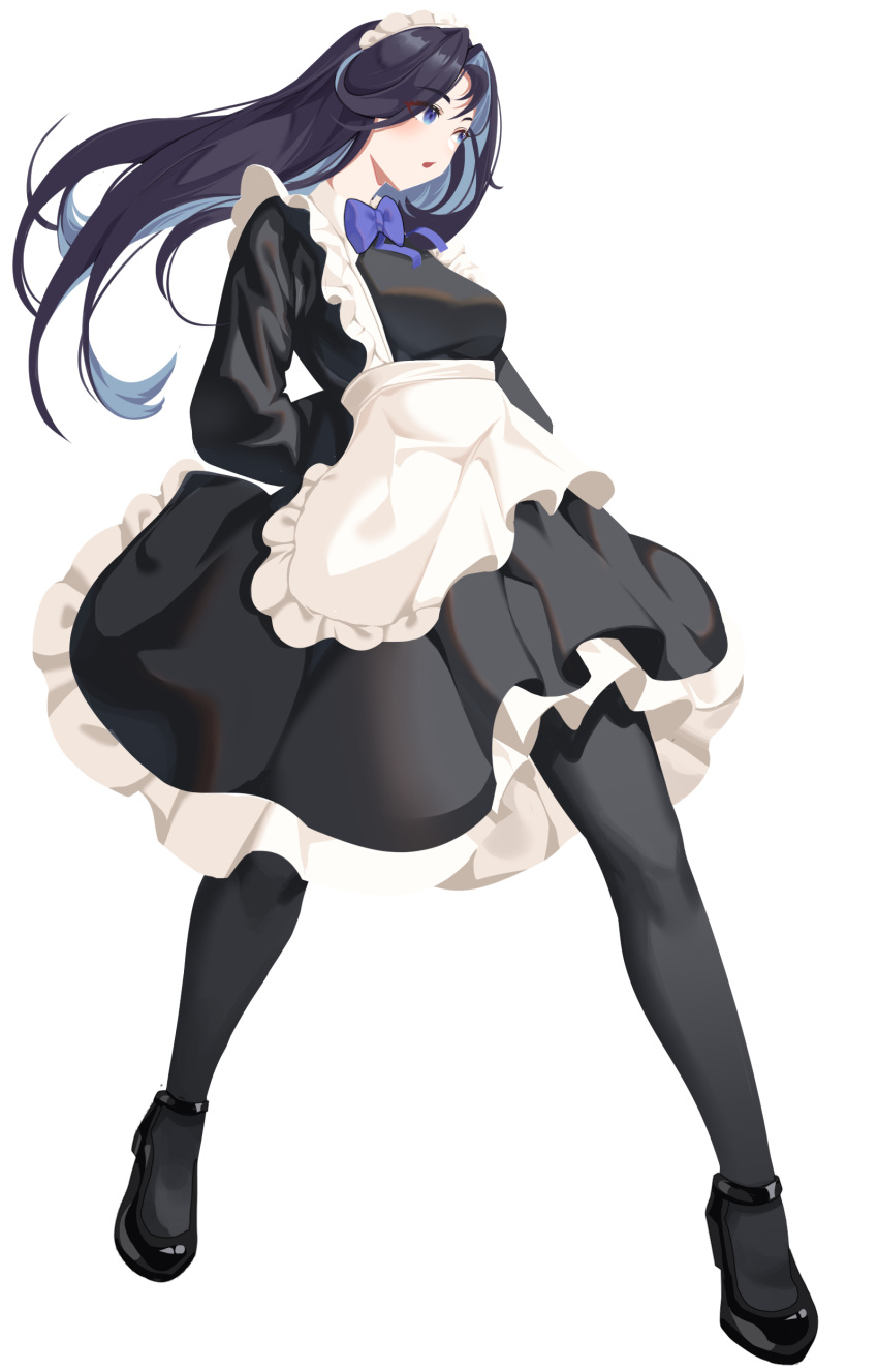 1girl absurdres apron arms_behind_back black_dress black_footwear black_hair black_pantyhose blue_eyes bow bowtie breasts colored_inner_hair dress eyes_visible_through_hair frilled_apron frills full_body grey_hair highres long_hair looking_ahead maid maid_apron maid_headdress multicolored_hair original pantyhose parted_lips platform_footwear platform_heels purple_bow purple_bowtie simple_background small_breasts solo standing tachi-e two-tone_hair white_background zuomunan