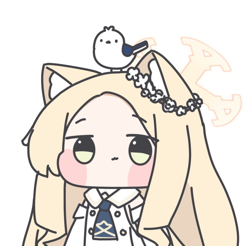 1girl :3 absurdly_long_hair animal_ear_fluff animal_ears animal_on_head bird blonde_hair blue_archive blue_necktie blush_stickers buttons chamsheol chibi closed_mouth cruciform_halo detached_sleeves dress forehead fox_ears halo korean_commentary long_hair long_sleeves looking_at_viewer necktie on_head parted_bangs seia_(blue_archive) short_necktie sidelocks simple_background sleeveless sleeveless_dress smile solo turtleneck_dress upper_body very_long_hair white_background white_bird white_dress white_sleeves wide_sleeves yellow_eyes yellow_halo