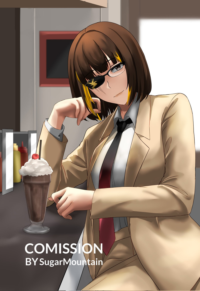 1girl brown_eyes brown_hair brown_suit closed_mouth cup girls_frontline glass highres long_sleeves looking_at_viewer m16a1_(girls'_frontline) multicolored_hair necktie open_clothes scar sitting suit