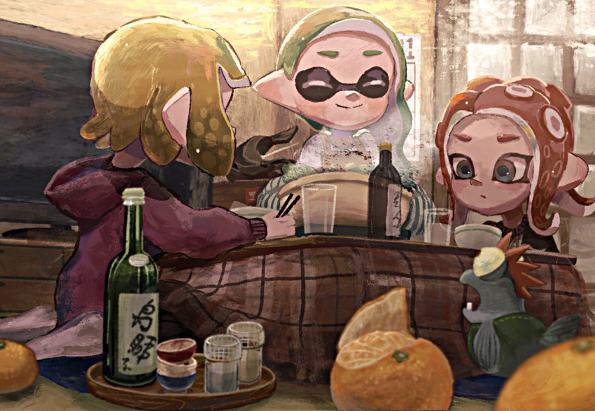 alcohol blonde_hair bottle bowl chopsticks closed_eyes closed_mouth commentary_request drink food fruit green_hair grey_eyes holding holding_chopsticks ikura_tuna indoors inkling inkling_girl long_hair medium_hair monitor mr._grizz_(splatoon) octoling octoling_girl orange_(fruit) plate pointy_ears redhead short_hair sitting smallfry_(splatoon) smile splatoon_(series) splatoon_3 steam television tentacle_hair wariza window