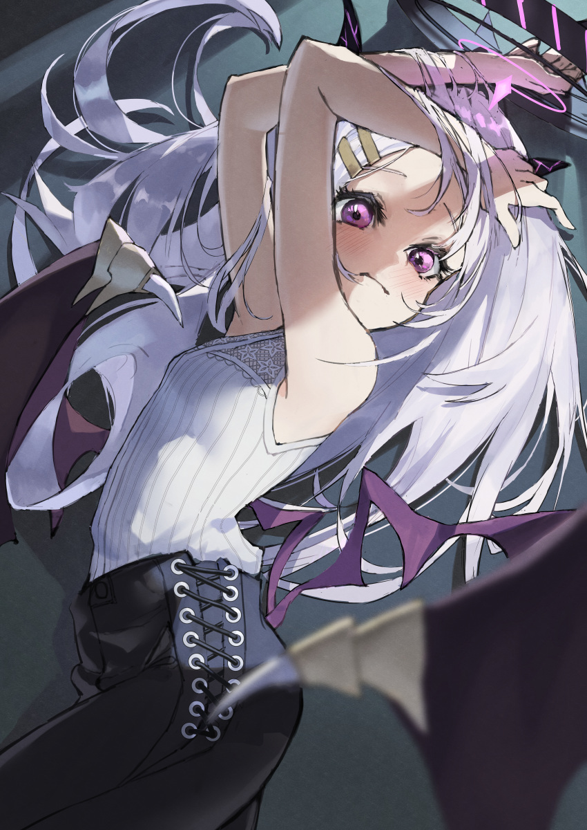 1girl absurdres black_pants blue_archive blush demon_girl demon_horns demon_wings hair_ornament hairpin halo highres hina_(blue_archive) horns long_hair looking_at_viewer lying nushibautiful on_side pants purple_halo shirt sleeveless sleeveless_shirt solo violet_eyes white_hair white_shirt wings