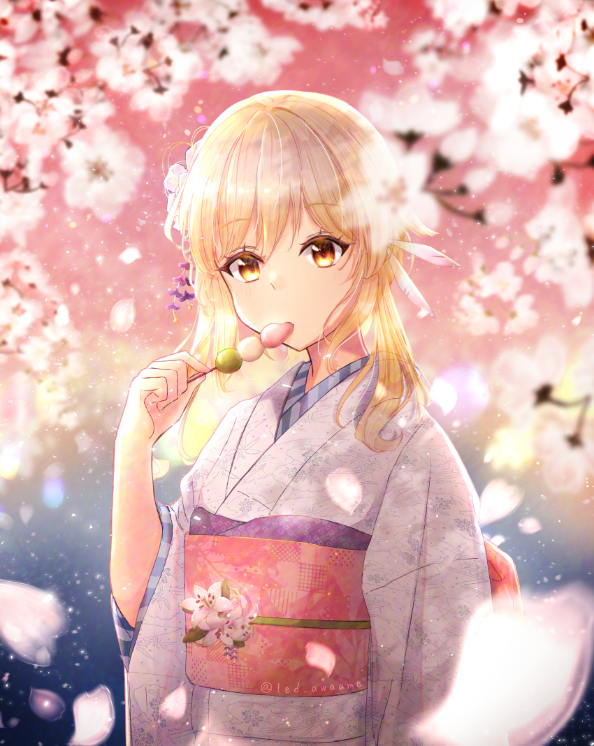 1girl absurdres blonde_hair blurry blurry_foreground cherry_blossoms dango eating falling_petals flower food genshin_impact hair_ornament hair_stick highres holding holding_food japanese_clothes kanzashi kimono led_awaame long_sleeves looking_at_viewer lumine_(genshin_impact) petals sanshoku_dango solo wagashi wide_sleeves yellow_eyes