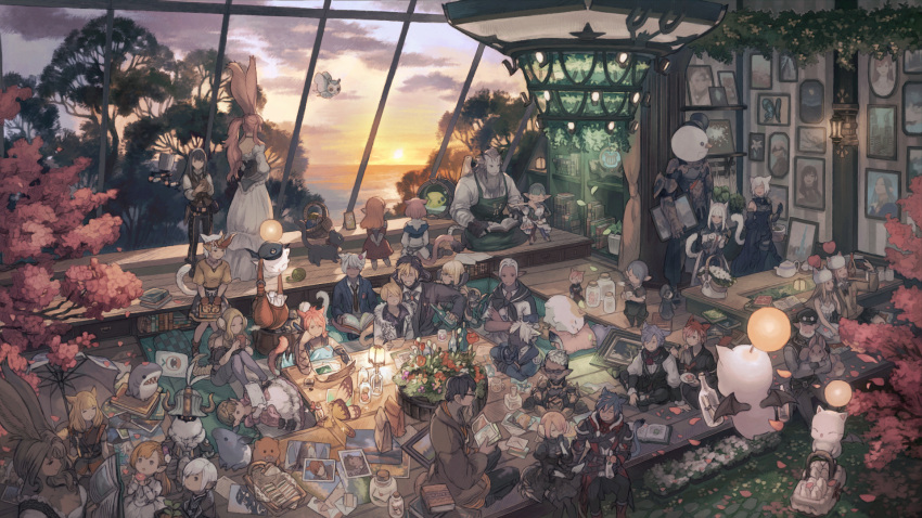 6+boys 6+girls animal_ears au_ra bag basket black_cat book book_stack bottle cat cat_ears cat_tail commentary creature crystal_exarch fat_cat_(ff14) final_fantasy final_fantasy_xiv flower food from_above g'raha_tia highres holding holding_basket horizon hrothgar hyur indoors lalafell lamp leaf maeka_(kumaekake) miqo'te moogle multiple_boys multiple_girls painting_(object) photo_(object) pointy_ears rabbit_ears sandwich scenery second-party_source shelf sitting snowman_costume standing sun sunset tail tree umbrella viera warrior_of_light_(ff14) water