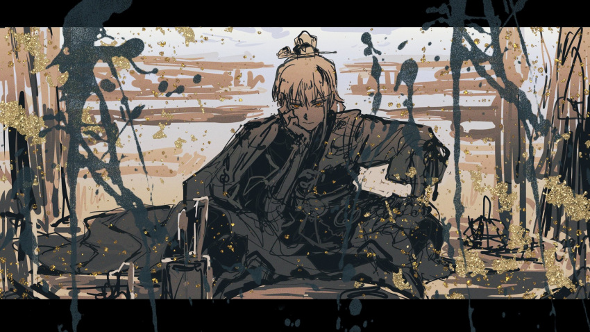 1boy archer_(fate/samurai_remnant) boots chinese_clothes chinese_hairpin closed_mouth crossed_legs egotism english_commentary fate/samurai_remnant fate_(series) hand_on_own_face hand_on_own_knee high_ponytail highres limited_palette looking_at_viewer on_floor orange_eyes serious solo