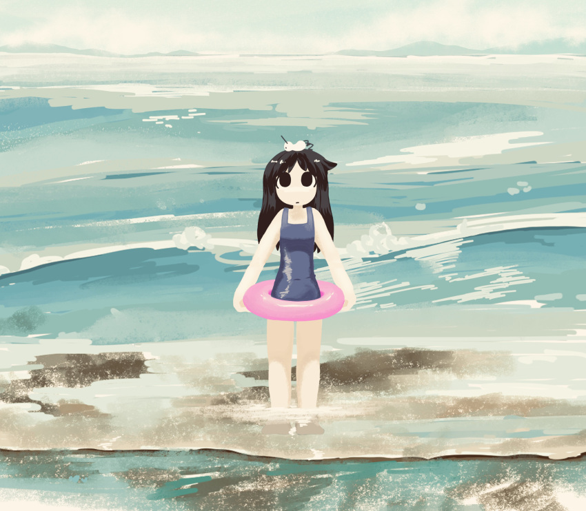 1girl absurdres animal_on_head barefoot beach bird bird_on_head birdweon black_eyes black_hair blue_one-piece_swimsuit blue_sky character_request closed_mouth clouds cloudy_sky copyright_request expressionless highres holding holding_swim_ring innertube looking_up on_head one-piece_swimsuit petite pink_innertube sand sky solo standing swim_ring swimsuit water waves