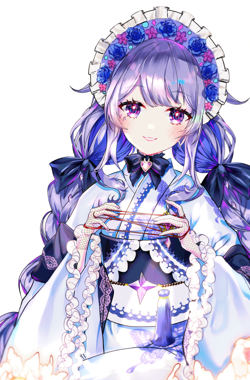 1girl absurdres animal_print blue_kimono blush bonnet braid butterfly_print gloves gradient_hair grey_hair highres hololive hololive_english japanese_clothes jewel_under_eye kimono koseki_bijou koseki_bijou_(new_year) lace-trimmed_gloves lace_trim long_hair looking_at_viewer multicolored_hair official_alternate_costume purple_hair purple_headwear smile solo sowon twin_braids violet_eyes virtual_youtuber white_background