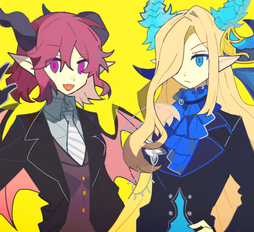 2girls alternate_costume ascot asymmetrical_hair black_choker black_gloves black_horns black_jacket black_sleeves blonde_hair blue_ascot blue_eyes blue_horns blue_shirt buttons chinese_commentary choker closed_mouth collared_jacket collared_shirt commentary_request demon_girl demon_horns demon_wings fang frilled_choker frills frown gloves guardian_tales hair_ornament hair_over_one_eye hand_on_own_hip hand_up highres horns jacket long_hair long_sleeves multiple_girls necktie noble_succubus_bianca open_clothes open_jacket open_mouth pink_eyes pink_wings pointy_ears purple_vest redhead shirt simple_background single_sidelock skin_fang smile striped_necktie succubus_adventurer_yuze suit tiankong_yiji upper_body v-shaped_eyebrows very_long_hair vest wavy_hair white_necktie white_shirt wings yellow_background