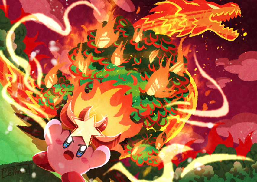 absurdres blush_stickers clouds colored_skin dragon fire highres kirby kirby's_return_to_dream_land kirby_(series) monster_flame no_humans open_mouth pink_skin signature star_(symbol) tree watawata22