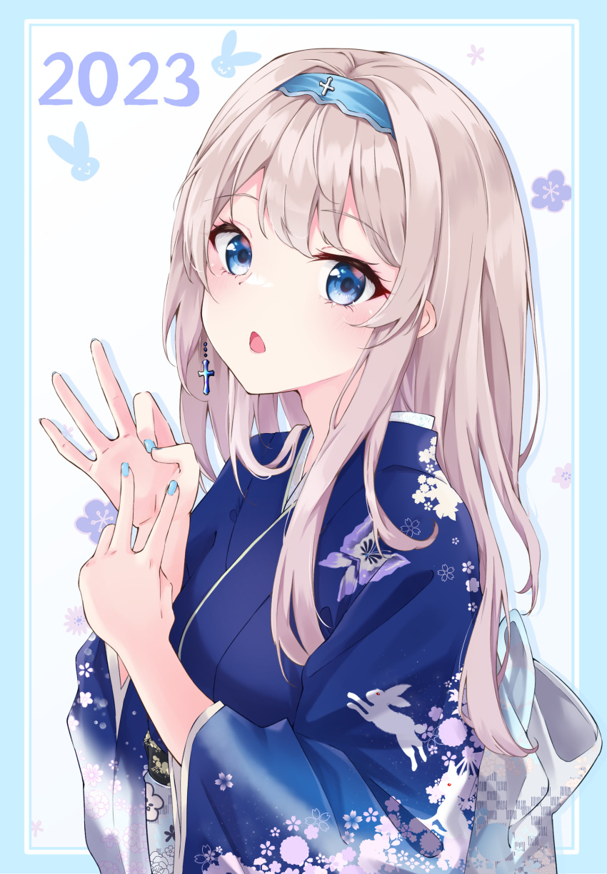 1girl 2023 absurdres blue_eyes blush chestnut_mouth chinese_zodiac cross cross_earrings earrings grey_hair hairband highres japanese_clothes jewelry kimono long_hair nail_polish new_year obi open_mouth original sash single_earring solo tiara_(871220) upper_body v year_of_the_rabbit