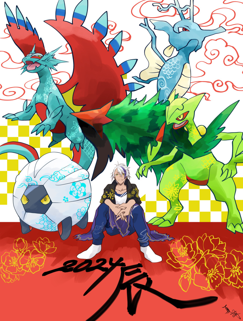 1boy 2024 absurdres blue_skin body_markings checkered_background chinese_zodiac claws clouds collarbone colored_sclera colored_skin commentary_request drayton_(pokemon) fangs fish highres kingdra mega_sceptile multicolored_background multicolored_hair nnatsukari open_mouth own_hands_together pokemon pokemon_(creature) pokemon_sv purple_hair red_eyes red_sclera roaring_moon sceptile seahorse shelgon short_hair sitting skin_fangs streaked_hair tail translation_request tree white_background white_hair wings year_of_the_dragon yellow_eyes