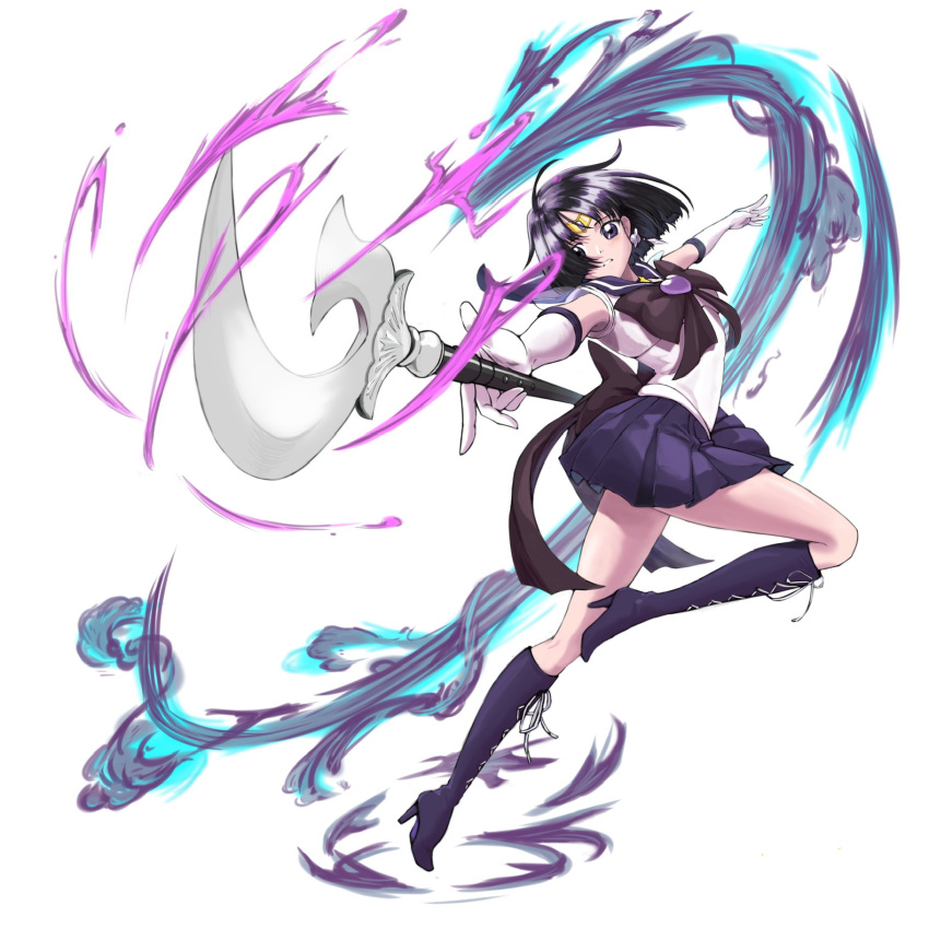 1girl back_bow bishoujo_senshi_sailor_moon black_bow black_eyes black_hair boots bow brooch choker circlet cross-laced_footwear earrings elbow_gloves energy gloves heart heart_brooch highres holding holding_polearm holding_weapon jewelry kae_shiramizu knee_boots looking_at_viewer magical_girl parted_lips pleated_skirt polearm purple_choker purple_footwear purple_sailor_collar purple_skirt sailor_collar sailor_saturn sailor_senshi_uniform serious short_hair silence_glaive simple_background skirt solo star_(symbol) star_choker super_sailor_saturn tomoe_hotaru weapon white_background white_gloves