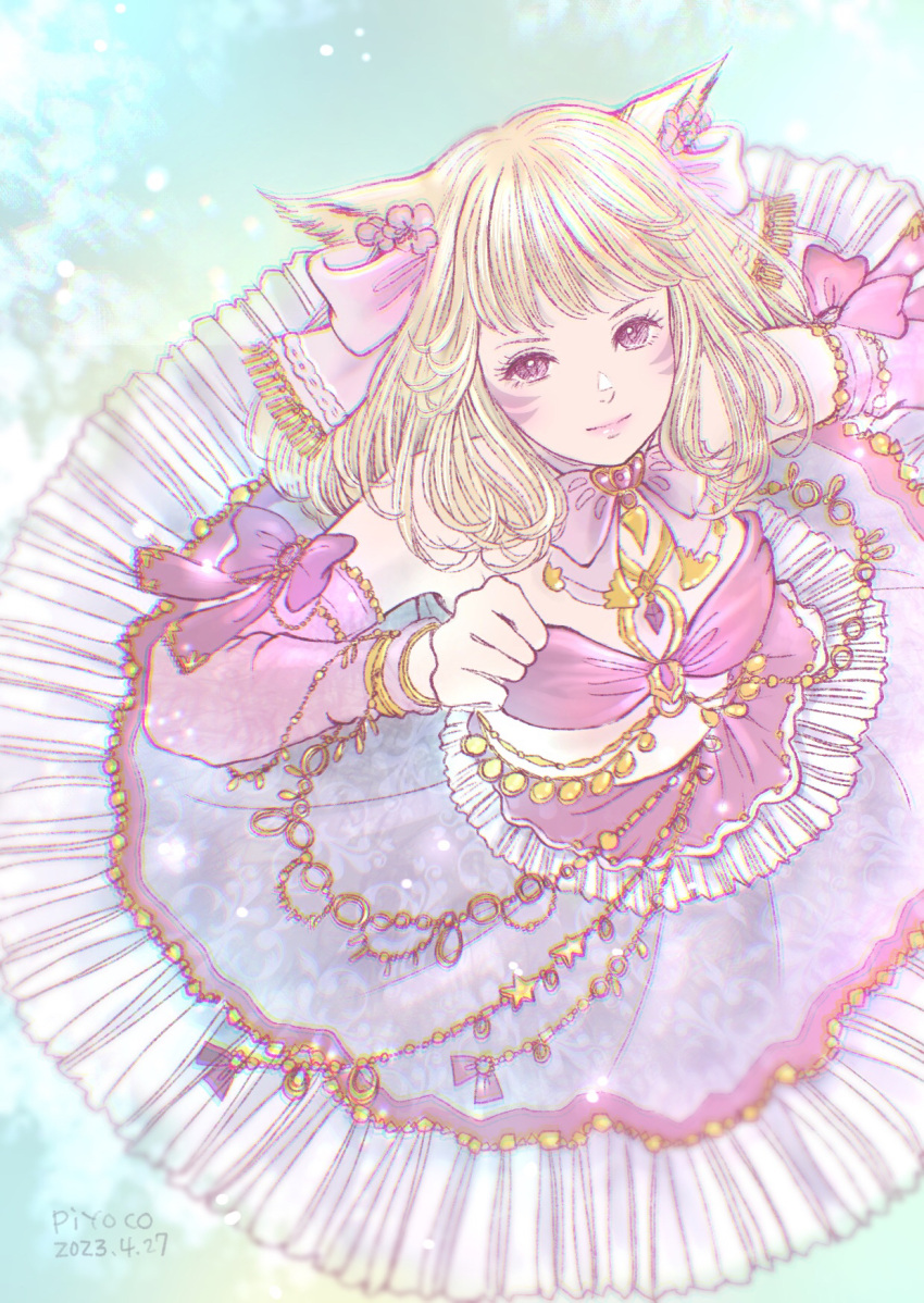 1girl 2023 animal_ears artist_name bandeau bare_shoulders blonde_hair bow bowtie cat_ears cat_girl chromatic_aberration closed_mouth dated detached_sleeves earrings facial_mark final_fantasy final_fantasy_xiv flower flower_earrings hair_ribbon highres jewelry light_smile long_skirt medium_hair miqo'te pink_bandeau pink_bow pink_bowtie pink_eyes pink_flower pink_lips pink_ribbon pink_sleeves piyoco purple_bow purple_skirt ribbon skirt sleeve_bow solo warrior_of_light_(ff14) whisker_markings