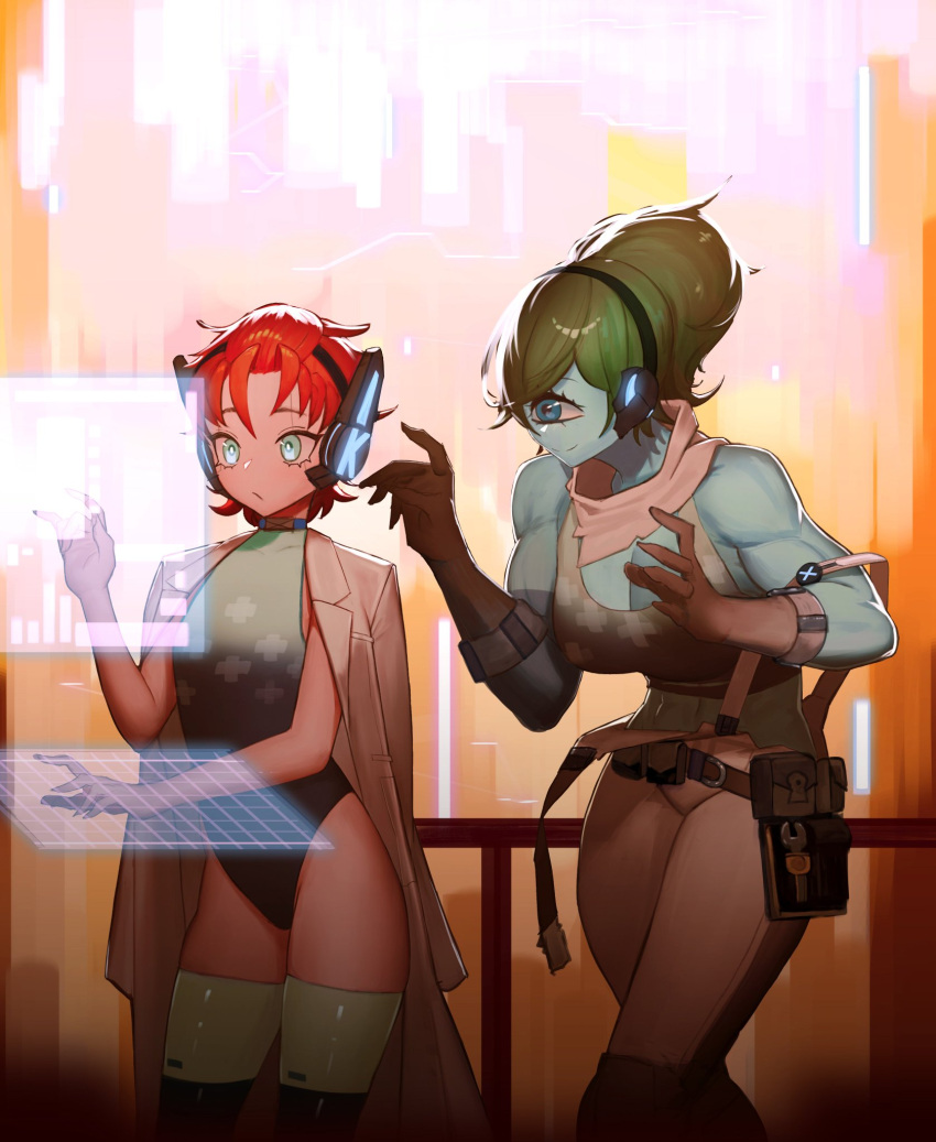 2girls abs aqua_eyes belt_pouch blue_choker blue_eyes blue_skin breasts brown_gloves choker cityscape coat colored_skin commentary commission cyclops english_commentary flat_chest ganet_p gloves green_hair green_tank_top hali_(kabooks) headset highres holographic_monitor holographic_touchscreen indie_virtual_youtuber jacket jacket_on_shoulders kabooks large_breasts long_hair monster_girl multiple_girls muscular muscular_female naughty_face neckerchief neon_trim one-eyed orange_hair overalls plus_sign ponytail pouch print_leotard second-party_source smile suspenders suspenders_slip tank_top thigh-highs tool_belt trench_coat virtual_youtuber white_neckerchief white_overalls white_thighhighs wrench
