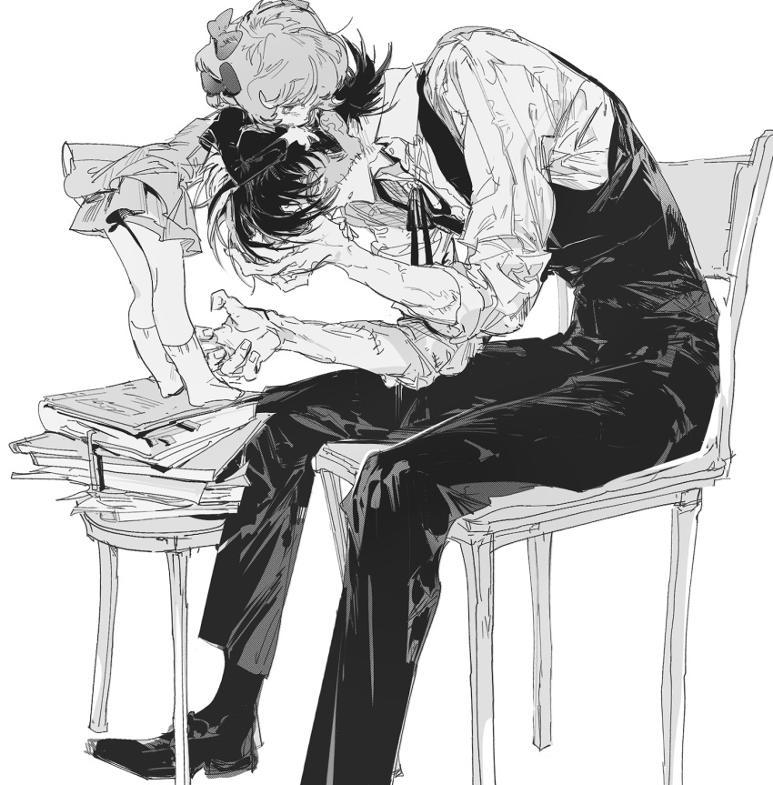 1boy 1girl black_footwear black_hair black_jack_(character) black_jack_(series) black_pants book bow chair dress gek3y greyscale hair_bow highres leaning monochrome pants pinoko short_hair sitting socks stitched_face stitches stool white_background