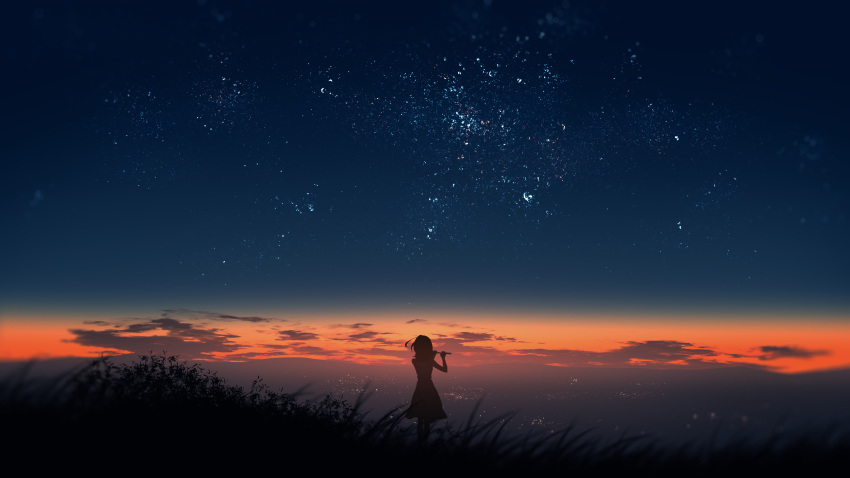 1girl absurdres city_lights clouds commentary_request dress evening floating_hair furi0831 gradient_sky grass highres horizon landscape mountain mountainous_horizon night night_sky original playing_flute scenery silhouette sky standing star_(sky) starry_sky