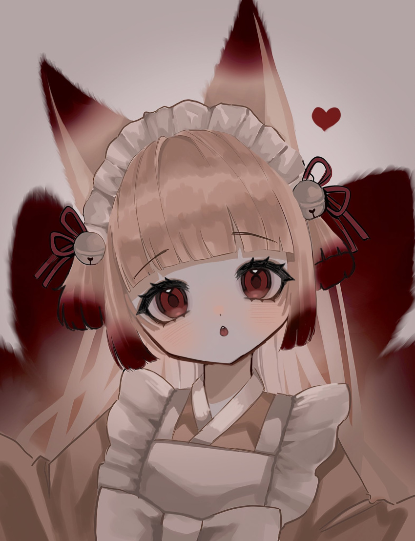 1girl animal_ears apron bell blunt_bangs blunt_ends blush chestnut_mouth colored_tips fox_ears fox_girl fox_tail frilled_apron frills hair_bell hair_ornament head_tilt heart highres japanese_clothes jingle_bell kimono kitsune long_hair looking_at_viewer multicolored_hair multiple_tails original red_eyes redhead shiona_(siona0625) sidelocks solo tail upper_body white_apron