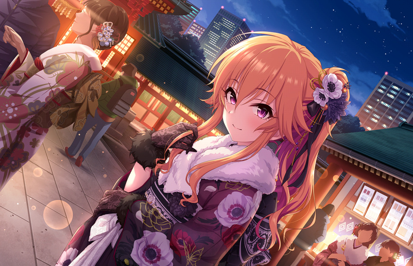 1girl blush building city closed_mouth clouds cowboy_shot eyelashes faceless faceless_female faceless_male floral_print floral_print_kimono flower fur-trimmed_gloves fur-trimmed_kimono fur_trim gloves hair_between_eyes hair_extensions hair_flower hair_ornament hair_over_shoulder idolmaster idolmaster_cinderella_girls idolmaster_cinderella_girls_starlight_stage japanese_clothes kanzashi kimono lace lace_gloves long_hair long_sleeves looking_at_viewer multicolored_hair new_year night night_sky ninomiya_asuka obi official_alternate_costume official_alternate_hair_length official_alternate_hairstyle official_art orange_hair outdoors print_kimono purple_hair purple_kimono sash shrine sidelocks sky skyscraper smile solo_focus standing star_(sky) streaked_hair tsurime two-tone_hair violet_eyes wavy_hair wide_sleeves