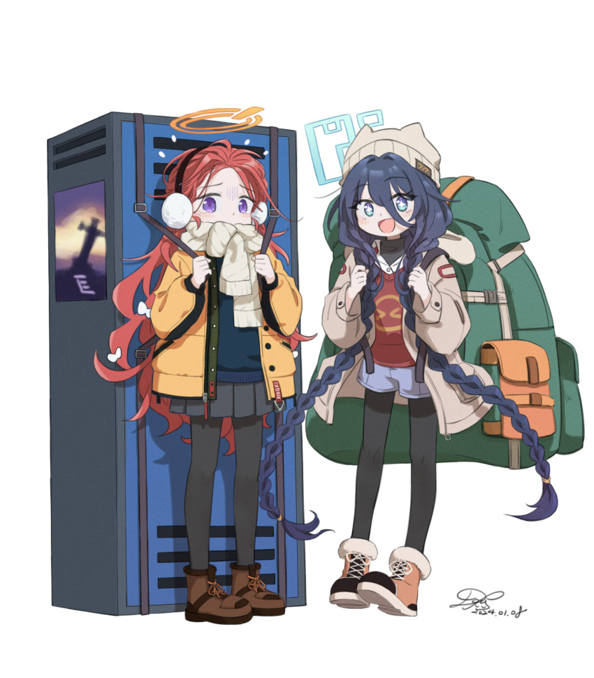 +_+ 2girls absurdly_long_hair aris_(blue_archive) beanie black_hair black_pantyhose black_skirt blue_archive blue_eyes blue_shorts blush boots braid brown_footwear brown_jacket brown_shirt collared_shirt cosplay dated dofus_(icyboon) earmuffs full_body hare_(blue_archive) hare_(blue_archive)_(cosplay) hare_(camp)_(blue_archive) hat highres hood hood_down hooded_jacket jacket kotama_(blue_archive) kotama_(blue_archive)_(cosplay) kotama_(camp)_(blue_archive) long_hair long_sleeves looking_at_viewer multiple_girls open_clothes open_jacket open_mouth pantyhose pleated_skirt redhead scarf shirt shorts signature simple_background skirt smile tears twin_braids very_long_hair violet_eyes white_background white_headwear white_scarf white_shirt yellow_jacket yuzu_(blue_archive)