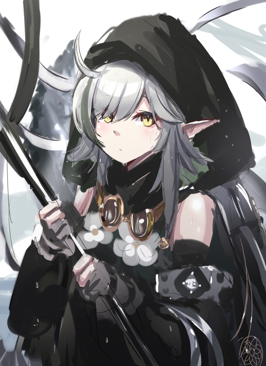 1girl absurdres ahoge arknights bare_shoulders black_shirt black_sleeves detached_sleeves gloves goggles goggles_around_neck green_hair grey_gloves grey_hair hair_between_eyes highres holding holding_staff hood hood_up kanta_(kanta_077) looking_at_viewer multicolored_hair pointy_ears shirt sidelocks simple_background sketch solo staff streaked_hair tomimi_(arknights) upper_body white_background white_footwear yellow_eyes