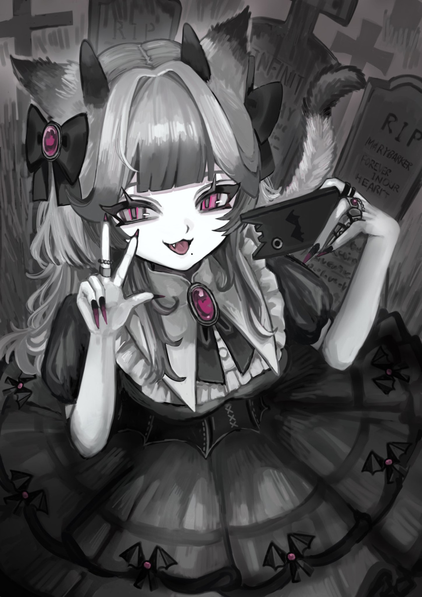 1girl :3 animal_ears bat_ornament bow brooch cat_ears cat_tail cellphone cowboy_shot demon_horns dress fang fingernails graveyard greyscale hair_bow hair_intakes hands_up highres holding holding_phone horns jewelry long_fingernails long_hair looking_at_viewer mole mole_under_mouth monochrome multiple_rings nail_polish open_mouth original ornate_ring outdoors phone puffy_short_sleeves puffy_sleeves purple_nails ring shiona_(siona0625) short_sleeves smartphone smile solo spot_color tail tombstone violet_eyes w