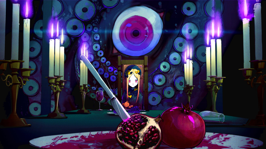 1girl abigail_williams_(fate) beret black_bow black_dress black_headwear blonde_hair bow candlestand closed_mouth commentary cup cursive dress drinking_glass eldritch_abomination english_text expressionless fate/grand_order fate_(series) film_grain fire food fruit glint grapes hair_bow hat highres knife long_hair long_sleeves long_table looking_at_viewer mizuna237 monster multiple_hair_bows on_chair orange_bow parted_bangs pink_eyes planted planted_knife plate pomegranate purple_fire sidelocks sitting solo straight-on stuffed_animal stuffed_toy table teddy_bear tentacles vanishing_point wide_shot wine_glass