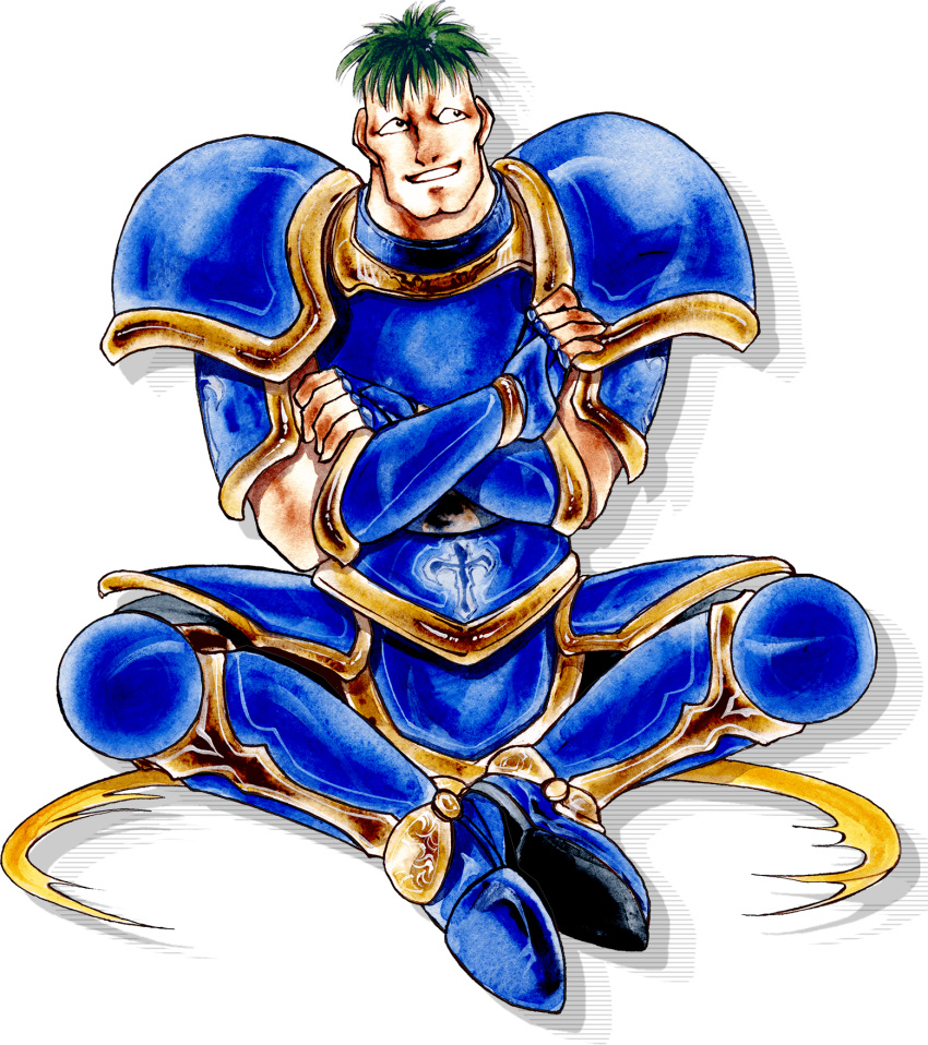 1boy arden_(fire_emblem) armor artist_request black_eyes blue_armor blue_gloves crossed_arms crossed_legs fingerless_gloves fire_emblem fire_emblem:_genealogy_of_the_holy_war full_body gloves green_hair highres looking_to_the_side official_art pauldrons shoulder_armor sitting smile solo