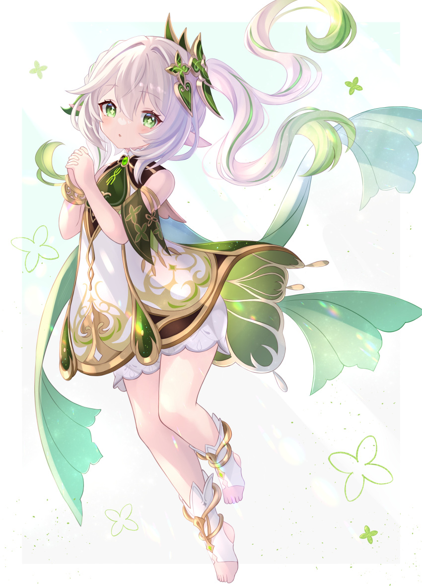 1girl absurdres bloomers bracelet cape chage_(chage_00) commentary_request detached_sleeves dress flower-shaped_pupils full_body genshin_impact gradient_hair green_cape green_eyes hair_between_eyes hair_ornament highres jewelry leaf_hair_ornament long_hair looking_at_viewer multicolored_hair nahida_(genshin_impact) own_hands_clasped own_hands_together parted_lips pointy_ears praying short_sleeves side_ponytail sidelocks simple_background solo stirrup_legwear streaked_hair symbol-shaped_pupils toeless_legwear toes two-tone_hair white_background white_bloomers white_dress white_hair wind