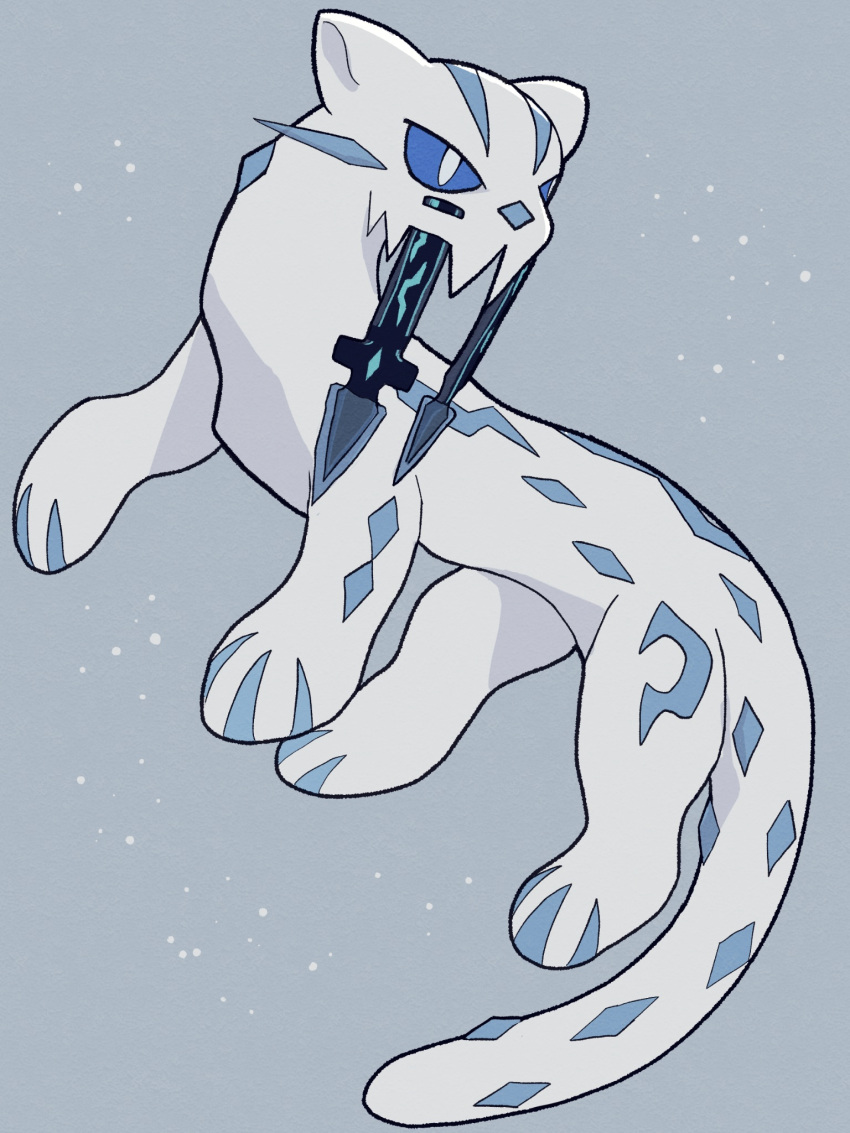 animal_focus blue_eyes bright_pupils chien-pao commentary_request grey_background highres ice no_humans pokemon pokemon_(creature) shira_0998 simple_background snow_leopard tail whiskers white_fur