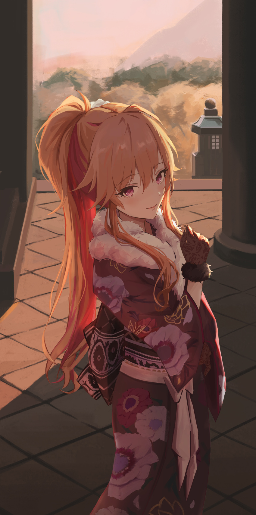 1girl absurdres architecture blush closed_mouth dawn east_asian_architecture floral_print flower fur-trimmed_gloves fur-trimmed_kimono fur_trim gloves hair_between_eyes hair_extensions hair_flower hair_ornament hair_over_shoulder highres idolmaster idolmaster_cinderella_girls idolmaster_cinderella_girls_starlight_stage japanese_clothes kimono lace lace_gloves long_bangs long_hair long_sleeves looking_at_viewer multicolored_hair new_year ninomiya_asuka obi official_alternate_costume official_alternate_hair_length official_alternate_hairstyle orange_hair print_kimono purple_kimono qingli_ye sash sidelocks smile solo standing two-tone_hair very_long_hair violet_eyes wide_sleeves