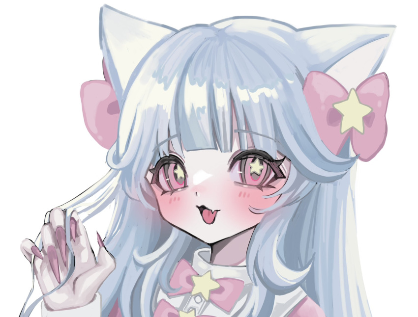 1girl animal_ears blue_hair blush bow cat_ears cat_girl fang fingernails hair_bow hand_in_own_hair hand_up highres light_blue_hair long_fingernails long_hair looking_at_viewer nail_polish open_mouth original pink_bow pink_eyes pink_nails portrait shiona_(siona0625) simple_background skin_fang solo star_(symbol) star_in_eye symbol_in_eye white_background