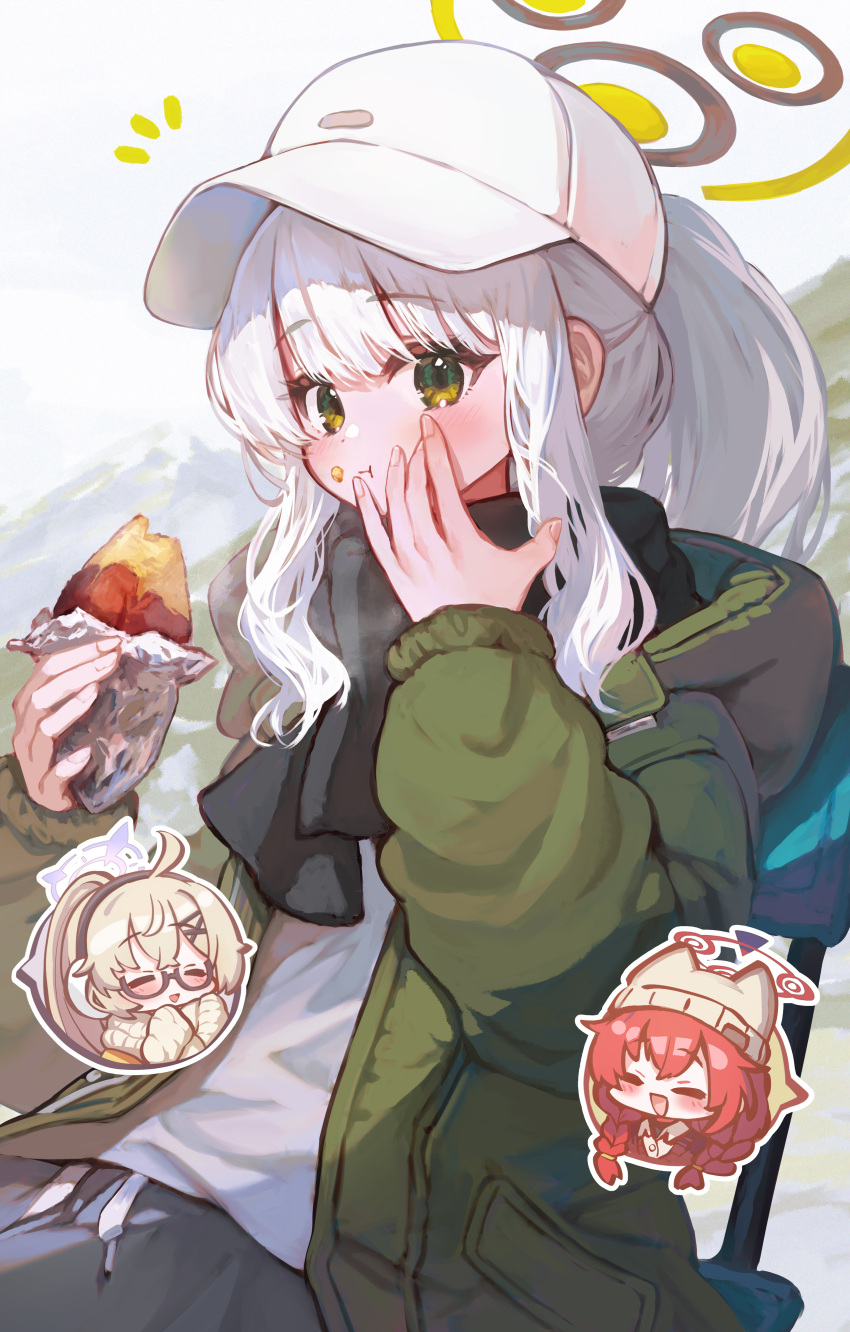 3girls absurdres black_scarf black_shorts blue_archive blush chair closed_eyes closed_mouth earmuffs fingernails food food_on_face green_eyes green_jacket grey_hair halo hare_(blue_archive) hare_(camp)_(blue_archive) hat highres holding holding_food jacket kotama_(blue_archive) kotama_(camp)_(blue_archive) long_hair long_sleeves looking_at_viewer maki_(blue_archive) maki_(camp)_(blue_archive) multiple_girls official_alternate_costume open_clothes open_jacket ponytail qc6 scarf shorts simple_background sitting solo_focus sweet_potato white_background white_headwear