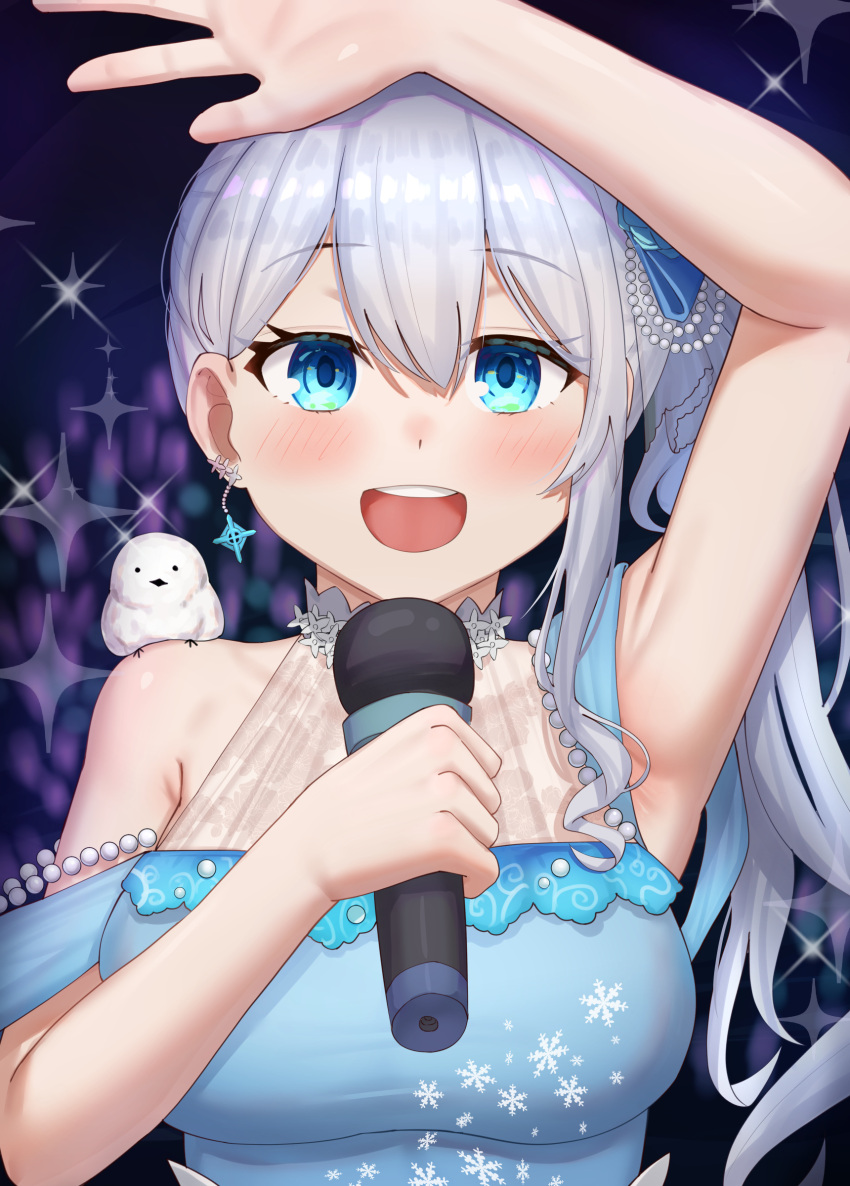 1girl absurdres animal_on_shoulder arm_up armpits bare_shoulders bird bird_on_shoulder blue_eyes breasts commentary_request grey_hair highres holding holding_microphone indie_virtual_youtuber large_breasts long_hair masamika10086 microphone mirea_sheltzs open_mouth ponytail smile solo sparkle upper_body virtual_youtuber