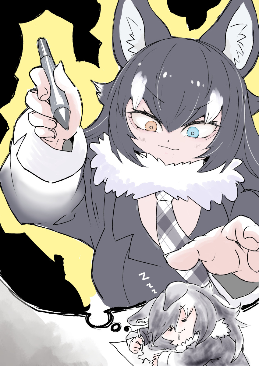 1girl :3 =_= absurdres animal_ears arm_up black_hair blue_eyes closed_eyes closed_mouth drawing dreaming ears_down fur_collar grey_wolf_(kemono_friends) hair_between_eyes head_rest heterochromia highres holding holding_pen jacket kemono_friends long_sleeves multicolored_hair necktie nenkou-san orange_eyes pen plaid_necktie sleeping smile solo thought_bubble two-tone_hair v-shaped_eyebrows white_hair wolf_ears zzz