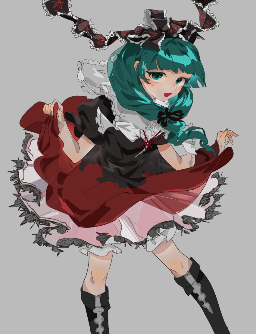 1girl black_footwear boots bow chamaruk dress frilled_dress frilled_ribbon frills front_ponytail green_eyes green_hair grey_background hair_bow hair_ribbon highres kagiyama_hina layered_dress lifted_by_self looking_at_viewer open_mouth puffy_short_sleeves puffy_sleeves ribbon short_sleeves smile solo touhou