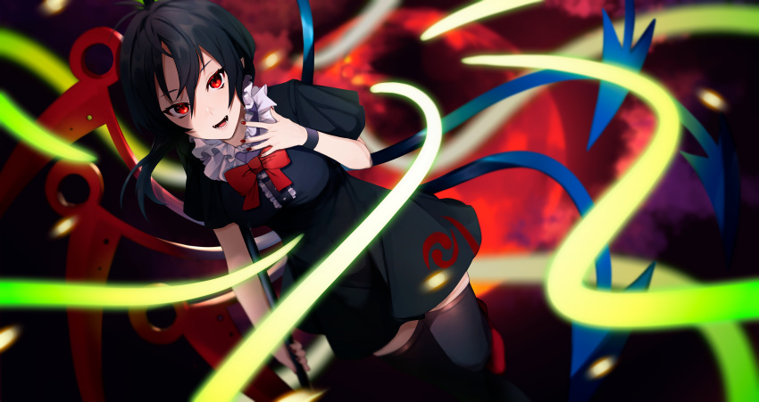 1girl 4737536 absurdres asymmetrical_wings black_dress black_hair black_thighhighs blue_wings bow bowtie dress highres houjuu_nue looking_at_viewer open_mouth polearm red_bow red_bowtie red_eyes red_wings short_dress solo thigh-highs touhou weapon wings