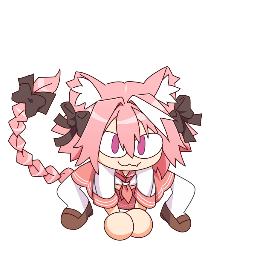 &lt;|&gt;_&lt;|&gt; :3 animal_ear_fluff animal_ears astolfo_(fate) astolfo_(sailor_paladin)_(fate) black_bow bow braid cat_ears fang fate/apocrypha fate/grand_order fate_(series) fusion hair_bow hair_intakes hair_ribbon highres long_braid long_hair looking_at_viewer male_focus melty_blood multicolored_hair neco-arc neco_spirit official_alternate_costume otoko_no_ko pink_hair pink_sailor_collar red_sailor_collar ribbon sailor_collar school_uniform serafuku single_braid skin_fang skirt smile solo streaked_hair thigh-highs transparent_background tsukihime type-moon violet_eyes white_hair zomochikun
