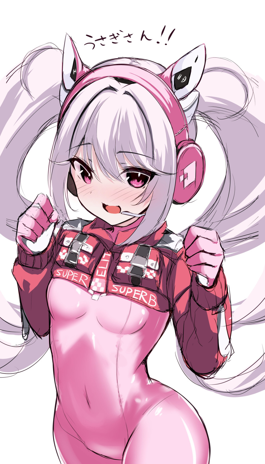 1girl absurdres alice_(nikke) animal_ear_headphones animal_ears blush bodysuit breasts cropped_jacket fake_animal_ears gloves goddess_of_victory:_nikke headphones headset highres impossible_bodysuit impossible_clothes jacket latex latex_bodysuit long_hair looking_at_viewer medium_breasts multicolored_clothes multicolored_gloves open_mouth pink_bodysuit pink_eyes pink_gloves pink_headphones red_jacket skin_tight smile solo suzuran_(su-pai) twintails two-tone_gloves