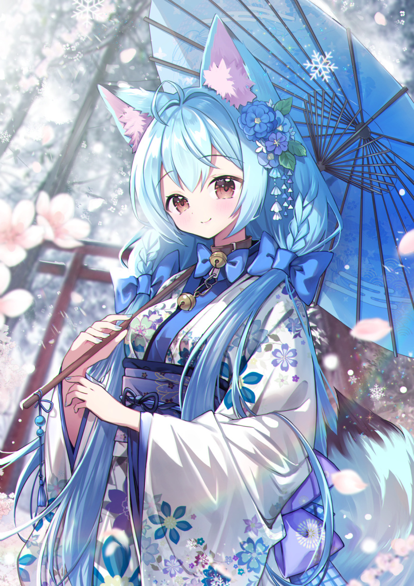 07touka25 1girl animal_ears bell blue_hair blue_umbrella brown_eyes butterfly_bow cherry_blossoms commentary_request fox_ears fox_girl fox_tail highres japanese_clothes neck_bell original smile snowflakes tail torii umbrella
