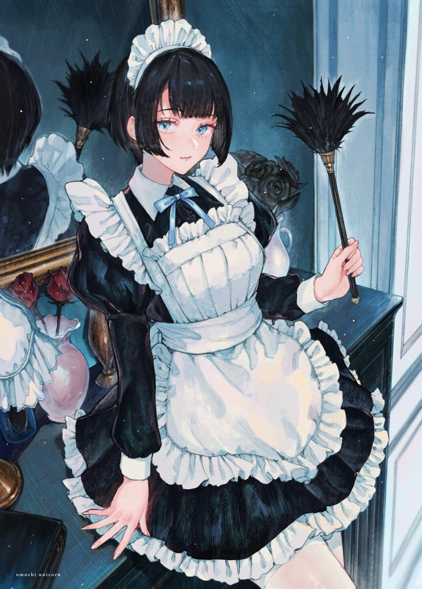 1girl apron arm_at_side artist_name black_dress black_flower black_hair black_rose blue_eyes blue_ribbon blue_theme blunt_bangs book breasts center_frills collared_dress dress duster english_commentary eyelashes feather_duster fingernails flower flower_pot frilled_apron frilled_dress frills highres holding holding_duster indoors juliet_sleeves lamp leaning_on_object light_particles light_smile long_sleeves looking_at_viewer maid maid_apron maid_headdress medium_breasts mirror nail_polish neck_ribbon original pleated_dress puffy_short_sleeves puffy_sleeves red_flower red_rose reflection ribbon rose short_dress short_hair short_sleeves sidelocks solo thigh-highs twitter_username uni_(melm) white_apron wing_collar