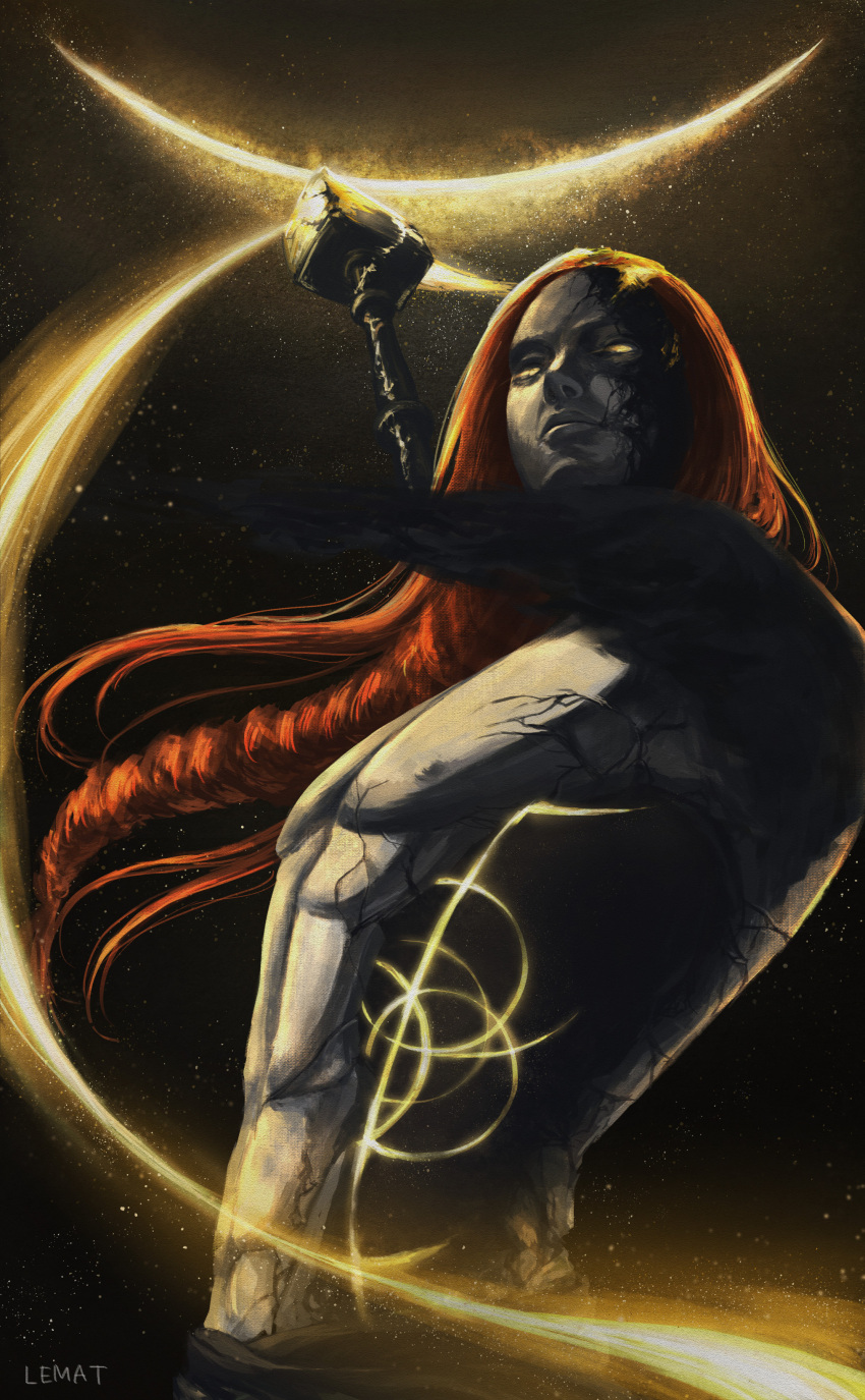 1boy absurdres braid cracked_skin elden_ring false_arm gold_aura hammer highres holding holding_hammer hole_in_chest hole_in_head hole_on_body lemat1581 long_braid long_hair muscular muscular_male radagon_of_the_golden_order raise_hammer redhead single_braid topless_male yellow_eyes